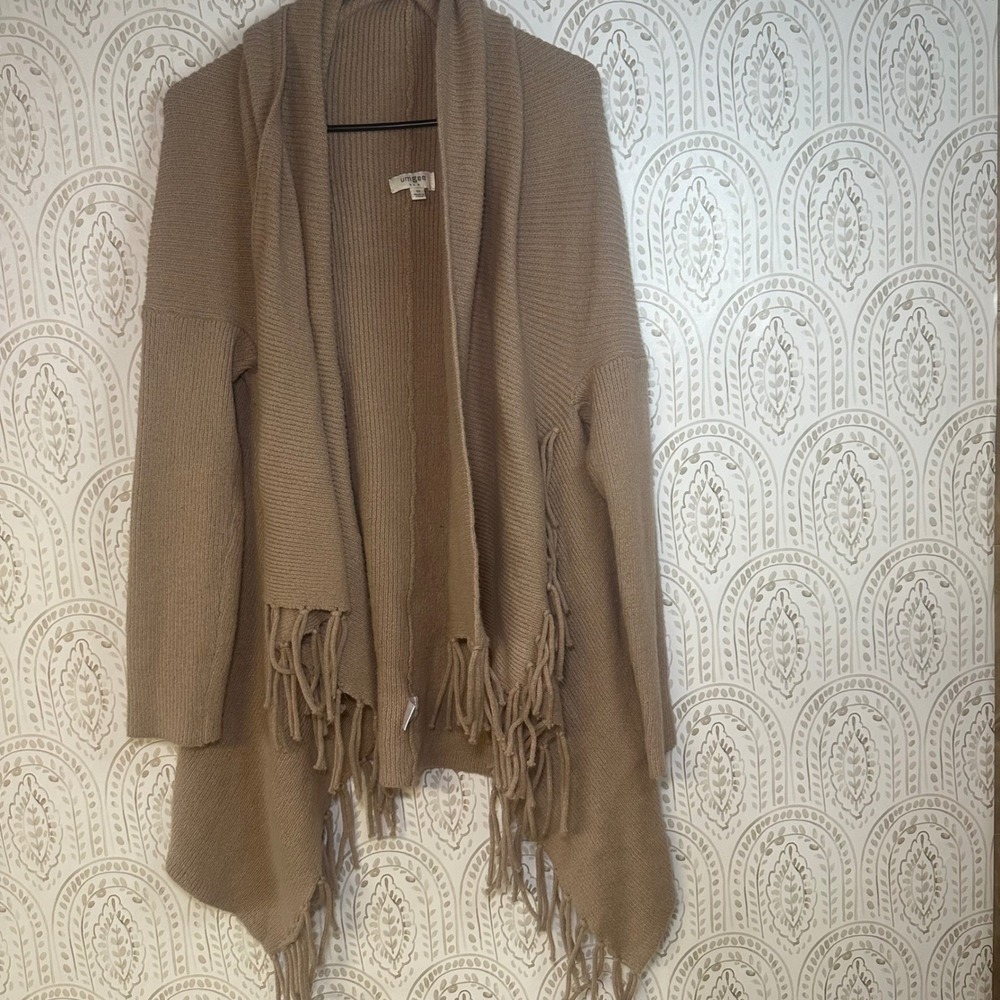 Umgee USA Women's Tan Cardigan Sweater Fringe Waterfall Duster M Boho Chic‎